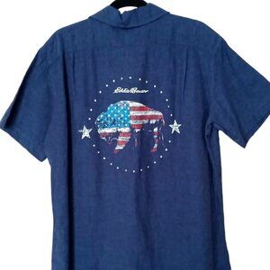 Eddie Bauer Mens Camp Shirt Medium Blue American Bison Buffalo Patriot Flag
